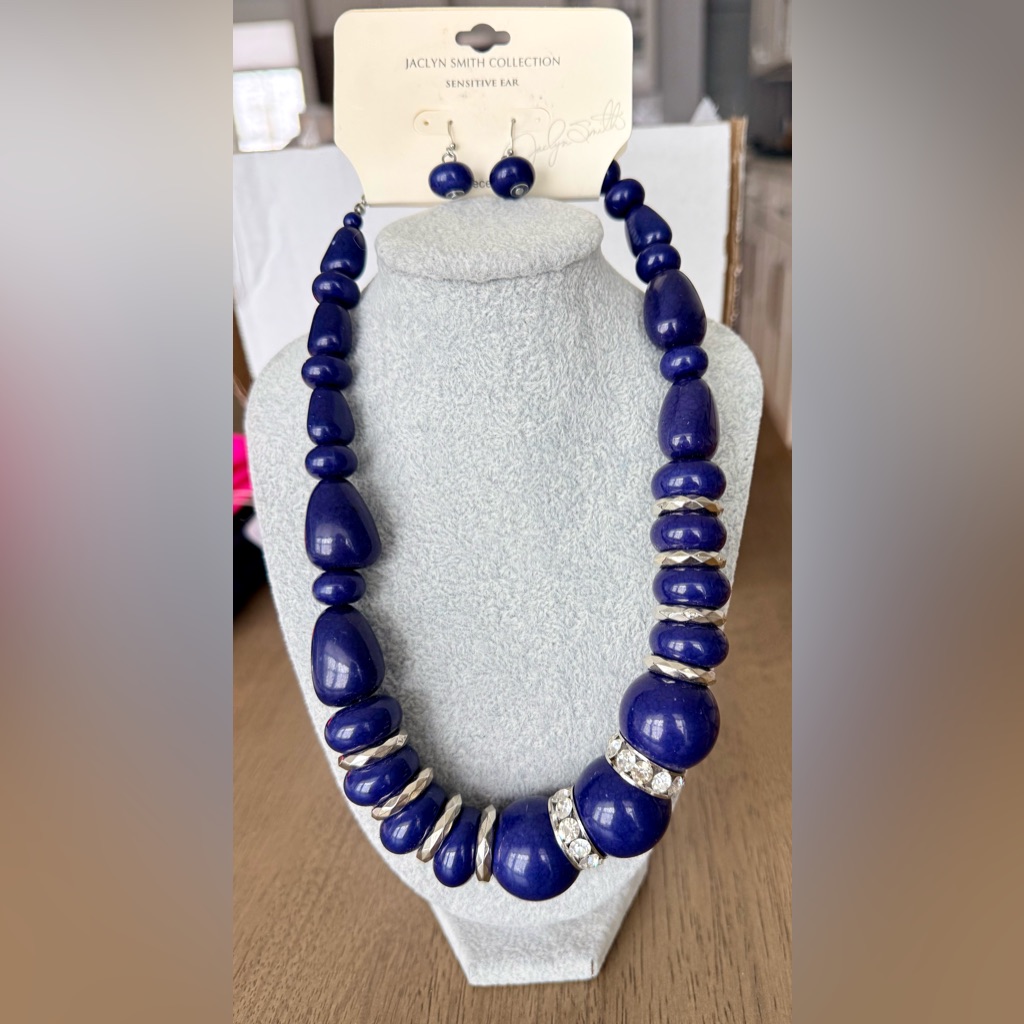 Jaclyn Smith Navy Bead Necklace & Earring Set, Nwt Sensitive Ears